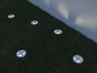 Round Embedded Outdoor Garden Lights Illuminated On Green Lawn Grass Surface 3d model