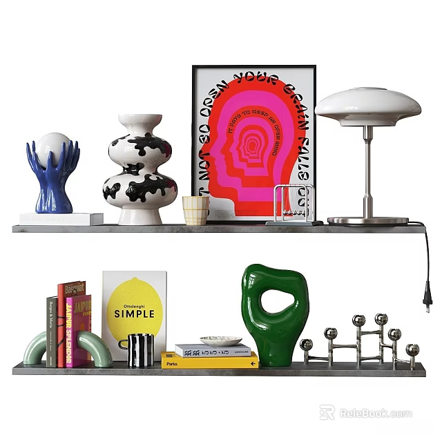 Ornamental Decor Set on Shelves Featuring Vase Lamp Books Abstract Sculpture and Poster 3d model 