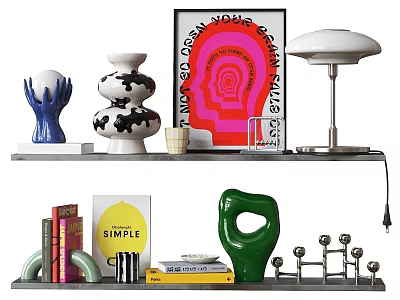Ornamental Decor Set on Shelves Featuring Vase Lamp Books Abstract Sculpture and Poster 3d model