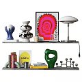 Ornamental Decor Set on Shelves Featuring Vase Lamp Books Abstract Sculpture and Poster