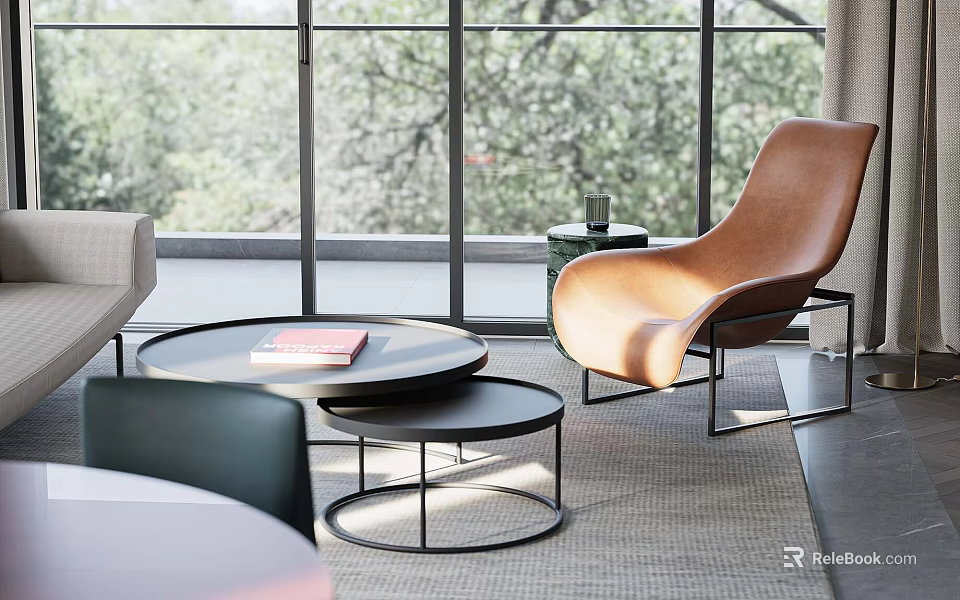 Modern Sofa Coffee Table Set With Round Metal Frame Leather Chairs And Living Room Greenery 3d model 