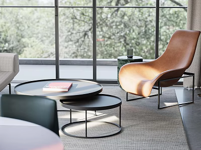Modern Sofa Coffee Table Set With Round Metal Frame Leather Chairs And Living Room Greenery 3d model