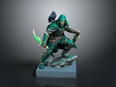 Green Hooded Fantasy Character With Raven And Dual Blades On Base 3d model