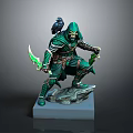 Green Hooded Fantasy Character With Raven And Dual Blades On Base