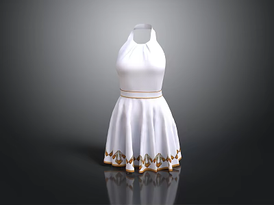 Elegant White Halter Neck Dress With Golden Decorations And Hem Patterns 3d model