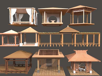 Traditional Chinese wooden architectural pavilions and corridors with various roof designs 3d model