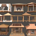 Traditional Chinese wooden architectural pavilions and corridors with various roof designs