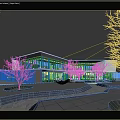 Modern Sales Office Building Architectural Design With Glass Curtain Walls Water Features And Landscape