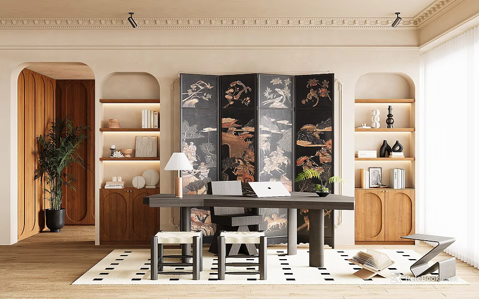 Elegant Modern Study Room With Traditional Screen And Built In Shelves 3d model