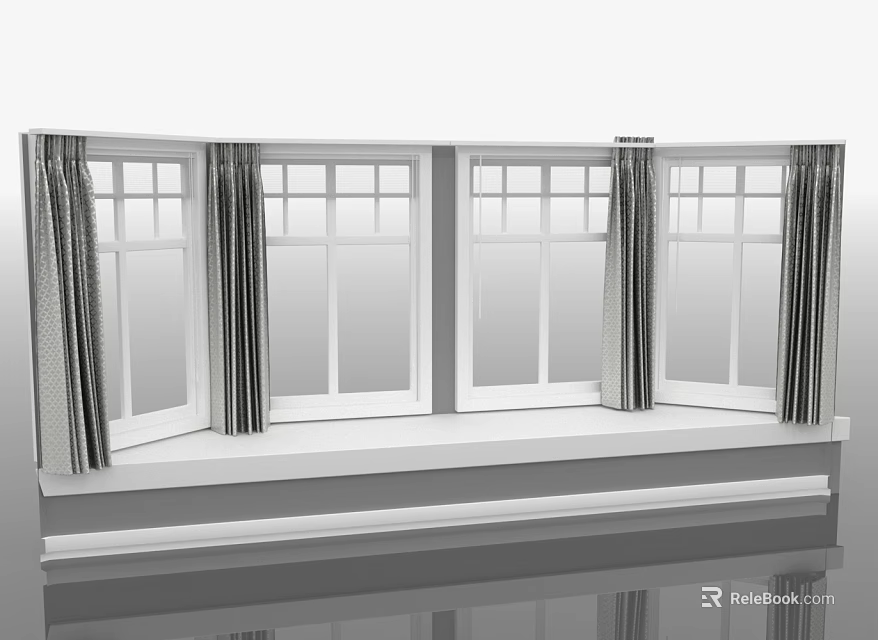 White Frame Windows With Stylish Gray Curtains In Modern Interior Design 3d model 