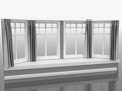 White Frame Windows With Stylish Gray Curtains In Modern Interior Design 3d model