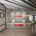 Modern Office Reception Desk With Brick Wall Clock Decorations And Pendant Lights 3d model