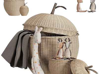 Cute Stuffed Dolls With Giraffe And Goat In Wicker Apple Shaped Baskets And Gray Blanket 3d model
