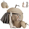 Cute Stuffed Dolls With Giraffe And Goat In Wicker Apple Shaped Baskets And Gray Blanket