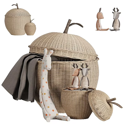 Cute Stuffed Dolls With Giraffe And Goat In Wicker Apple Shaped Baskets And Gray Blanket 3d model