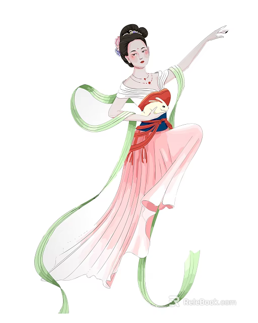 Traditional Chinese Female Figure Painting With Pink Long Skirt And Floating Green Ribbons 3d model 