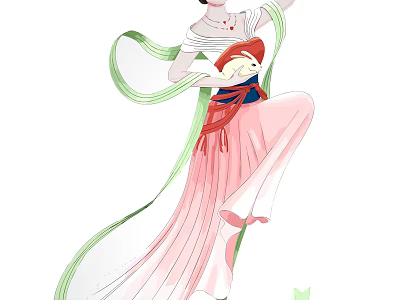 Traditional Chinese Female Figure Painting With Pink Long Skirt And Floating Green Ribbons 3d model