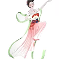Traditional Chinese Female Figure Painting With Pink Long Skirt And Floating Green Ribbons