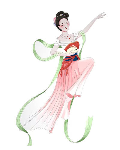 Traditional Chinese Female Figure Painting With Pink Long Skirt And Floating Green Ribbons 3d model