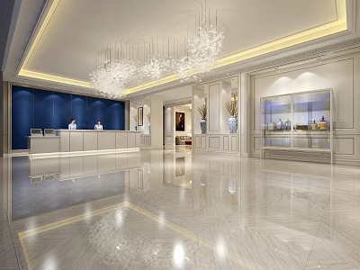 Luxurious Hotel Lobby Interior With Chandelier Front Desk And Marble Floor Decor 3d model