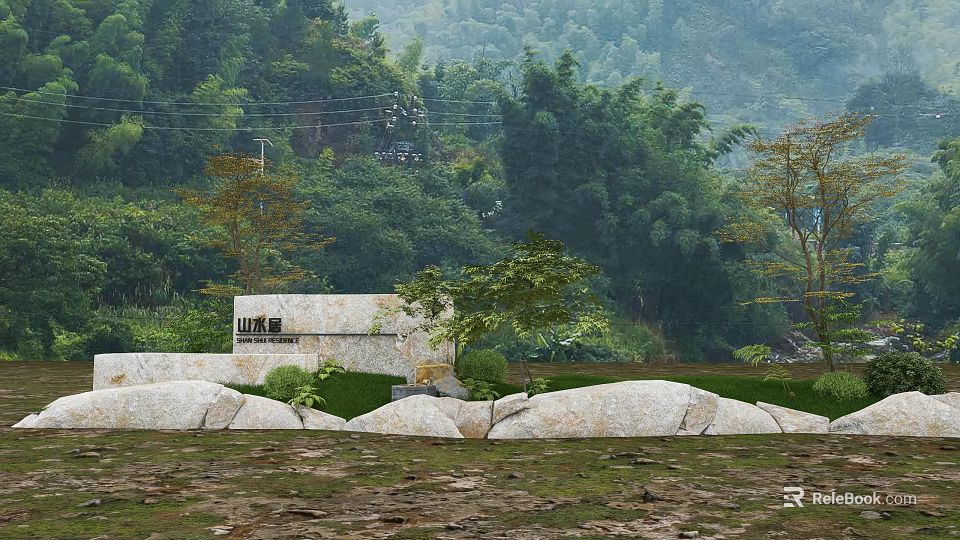 Natural Scenic Wall Surrounded by Mountains Bamboo Groves Trees Stones And Grass 3d model 