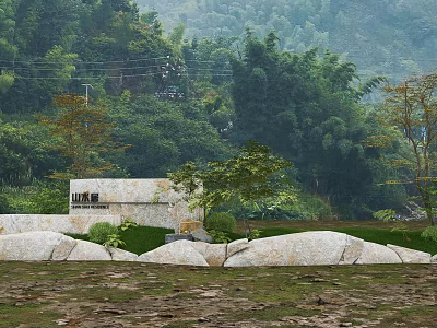 Natural Scenic Wall Surrounded by Mountains Bamboo Groves Trees Stones And Grass 3d model