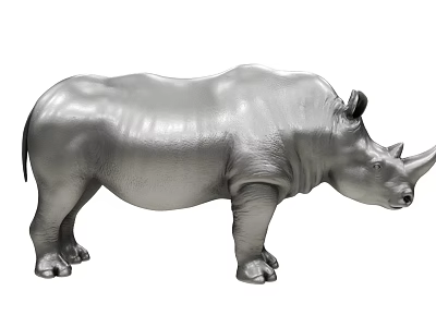 3D Rendered Silver Rhinoceros Metallic Sculpture With Realistic Texture Standing On White Background 3d model