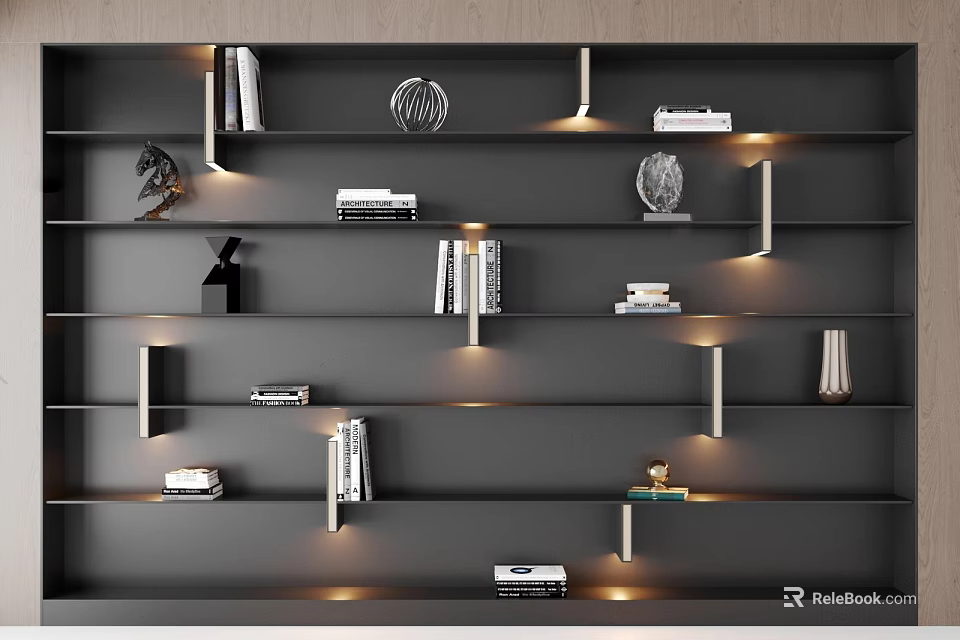 Modern Gray Bookshelf With Layered Shelves Built-in Lights Books And Decorative Items 3d model 