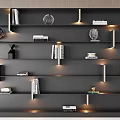 Modern Gray Bookshelf With Layered Shelves Built-in Lights Books And Decorative Items