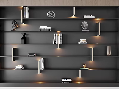 Modern Gray Bookshelf With Layered Shelves Built-in Lights Books And Decorative Items 3d model