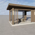Modern Outdoor Wooden Pavilion With Lattice Design Roof And Tables Chairs Inside