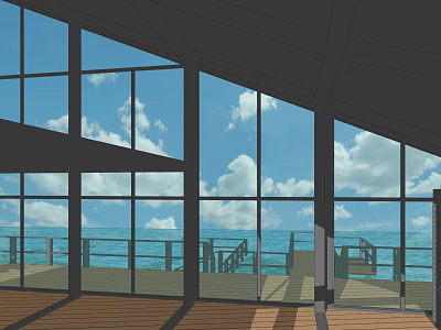 Spacious Room With Large Glass Windows Overlooking Blue Sea And Cloudy Sky 3d model