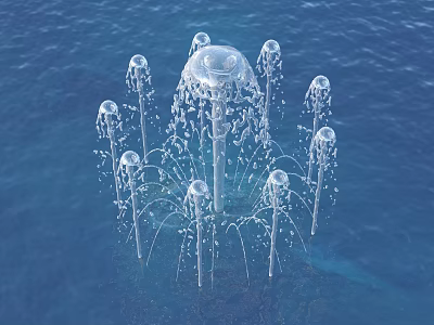 Garden Ornament Water Fountain With Central Spherical Design And Multiple Splashing Jets In Blue Water 3d model