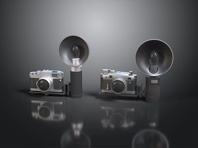 Vintage Electronic Cameras With Large Flash Units And Reflective Surfaces 3d model