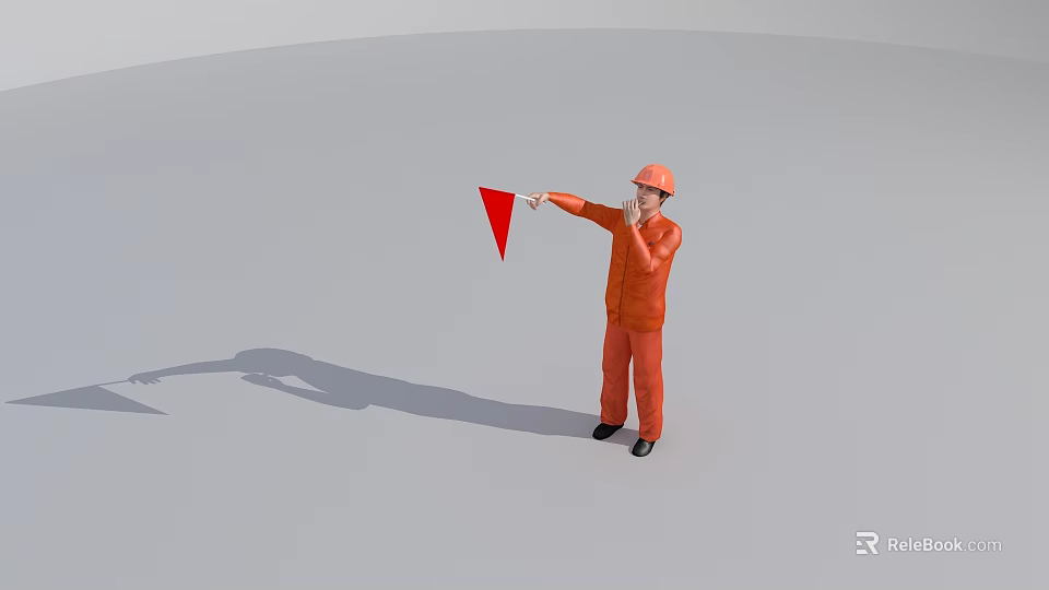 Construction Worker In Orange Uniform With Safety Helmet Directing Red Triangular Flag 3d model 