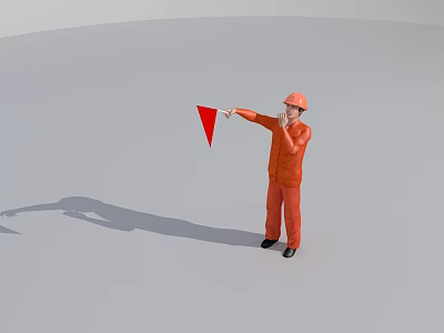 Construction Worker In Orange Uniform With Safety Helmet Directing Red Triangular Flag 3d model