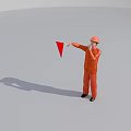 Construction Worker In Orange Uniform With Safety Helmet Directing Red Triangular Flag