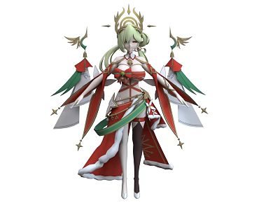 Elegant Woman In Red And White Outfit With Golden Crown Green Decorations And Star Accents 3d model
