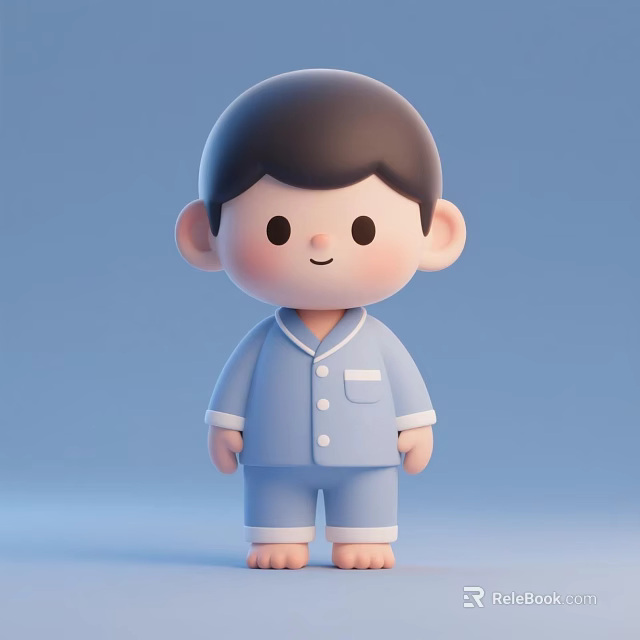 Cute 3D Doll in Blue Pajamas with Black Short Hair Round Face Light Blue Background 3d model 