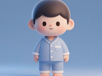 Cute 3D Doll in Blue Pajamas with Black Short Hair Round Face Light Blue Background 3d model
