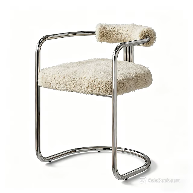 Single Chair With Chrome Metal Frame And Plush Cream Faux Fur Upholstery 3d model 