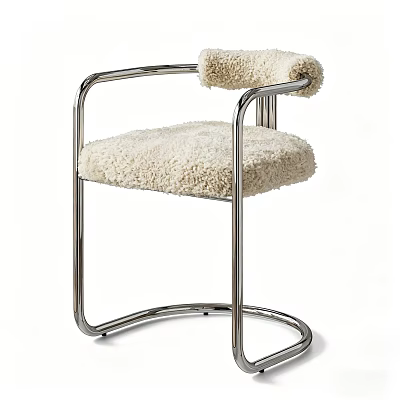 Single Chair With Chrome Metal Frame And Plush Cream Faux Fur Upholstery 3d model