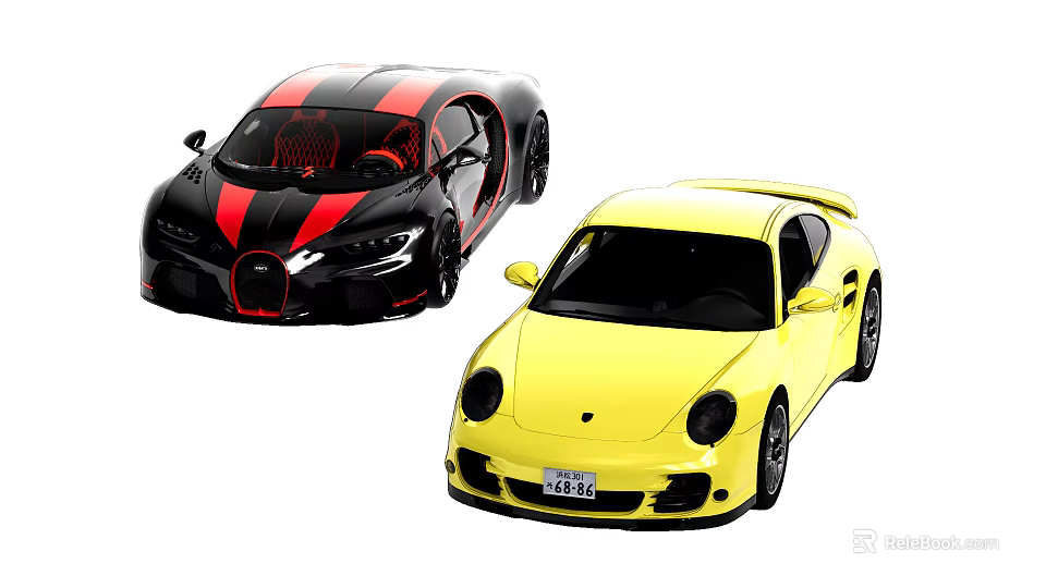 Two Stylish Sports Cars Black With Red Stripe And Yellow Exterior Design 3d model 