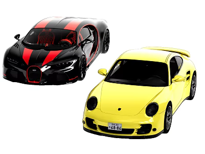 Two Stylish Sports Cars Black With Red Stripe And Yellow Exterior Design 3d model
