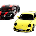 Two Stylish Sports Cars Black With Red Stripe And Yellow Exterior Design