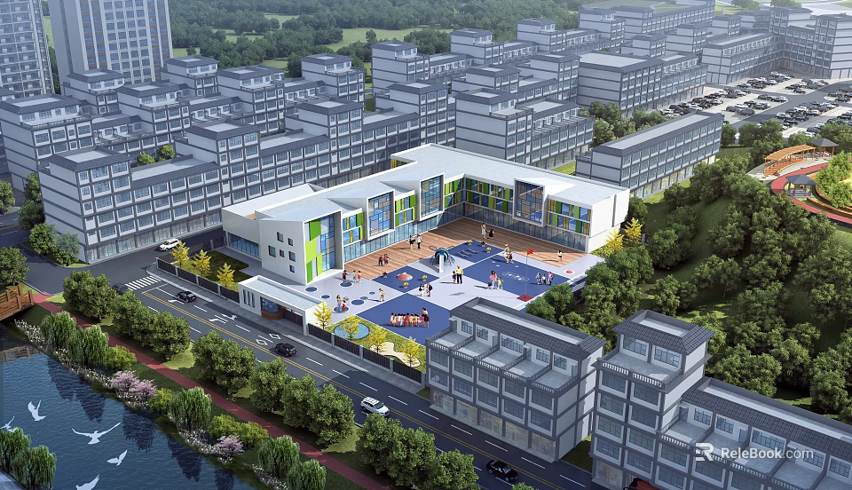 Modern School Building Campus With Open Playground Green Trees And Children Playing 3d model 