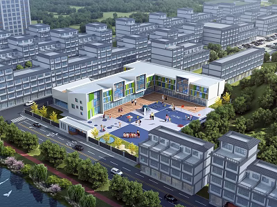 Modern School Building Campus With Open Playground Green Trees And Children Playing 3d model