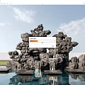 Outdoor Stone Rockery Landscape With Wooden Platforms Water Pool Waterfall And Reflection
