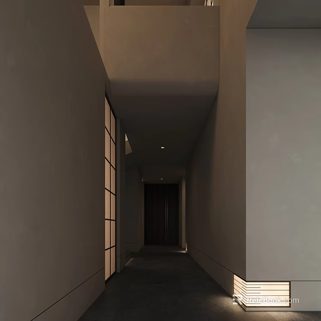 Modern Gray Hallway With Glass Partitions Dark Door And Recessed Lighting 3d model 