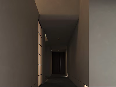 Modern Gray Hallway With Glass Partitions Dark Door And Recessed Lighting 3d model